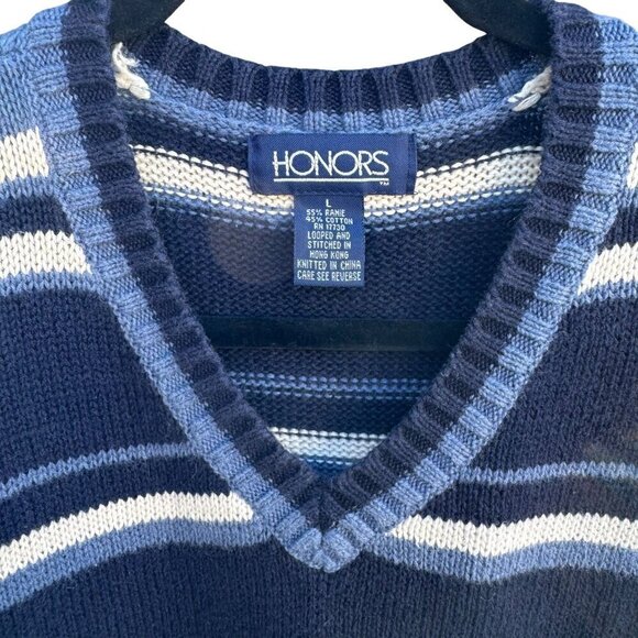 Honors Vintage Mens Striped V-Neck Blue Mens Long Sleeve Knit Grandpa Sweater L - Picture 4 of 9